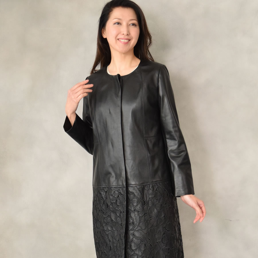 Merfirge 爆買 ノーカラーコート デザイン ロング コート 本革 本皮