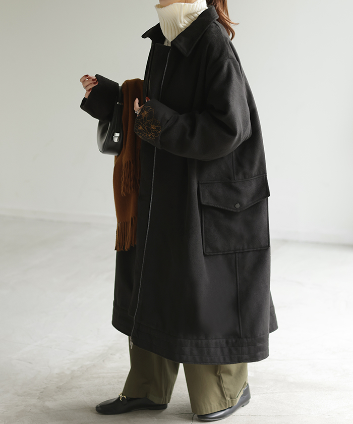 HUG.U（ハグユー） コート 刺繍 ステンカラー ロング レディース