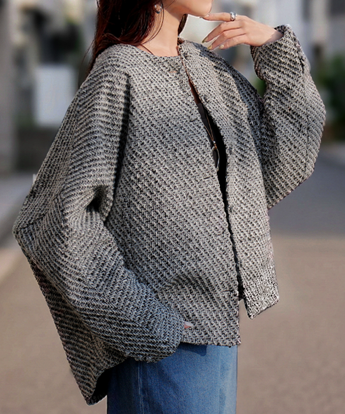 HUG.U（ハグユー） ジャケット ノーカラー ツイード ドルマン ワイド