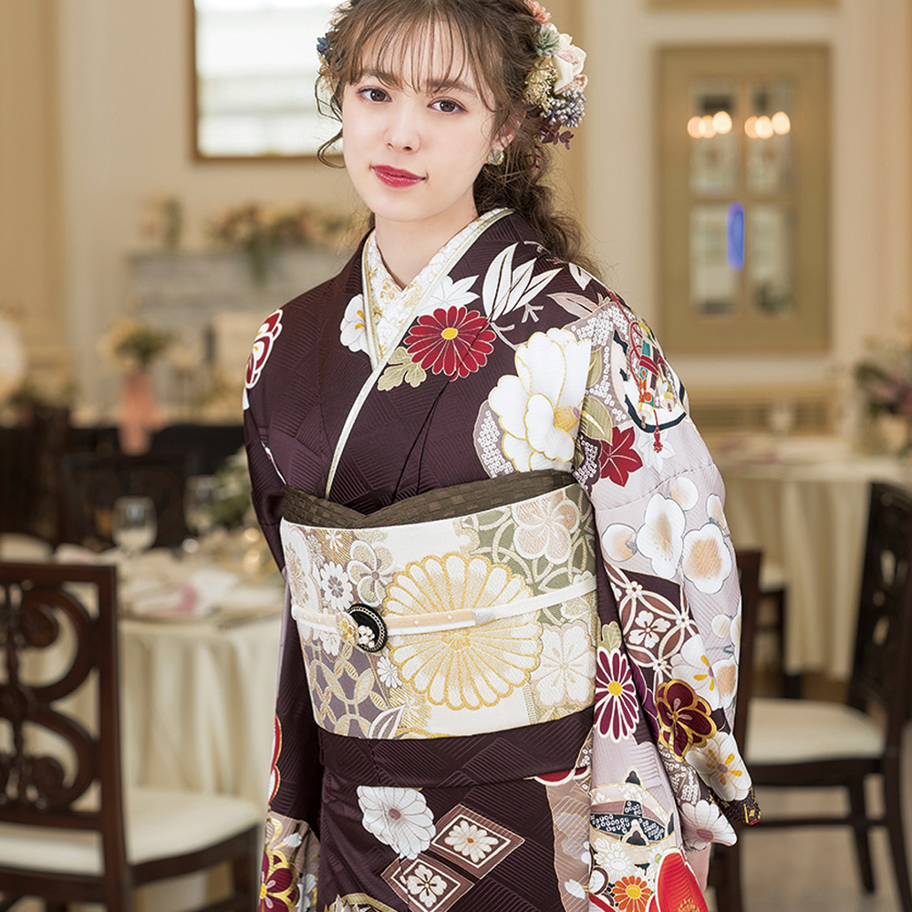 レンタル】 お仕立付 京友禅 正絹 振袖 30点セット ブラウン 成人式