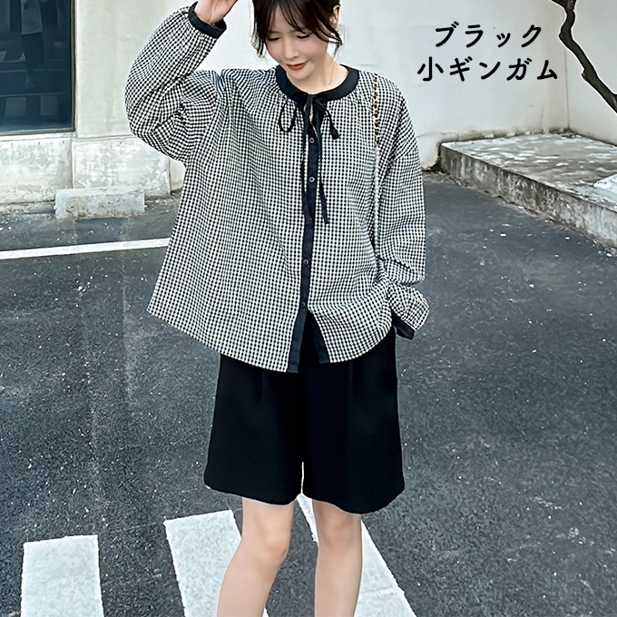 ギンガムチェック シャツ レディース 秋 春 綿麻 リネン10% ギンガム