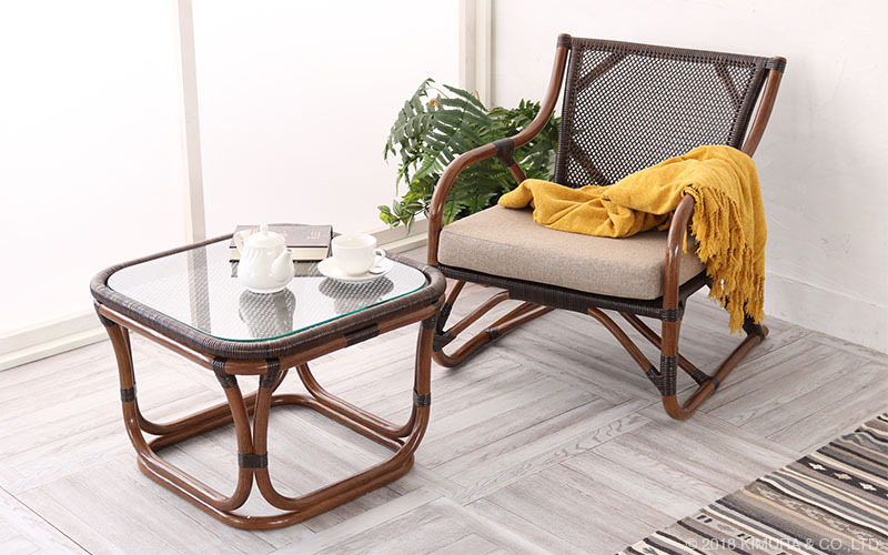 サイドテーブル ラタンテーブル 手編み ガラステーブル 55cm 籐