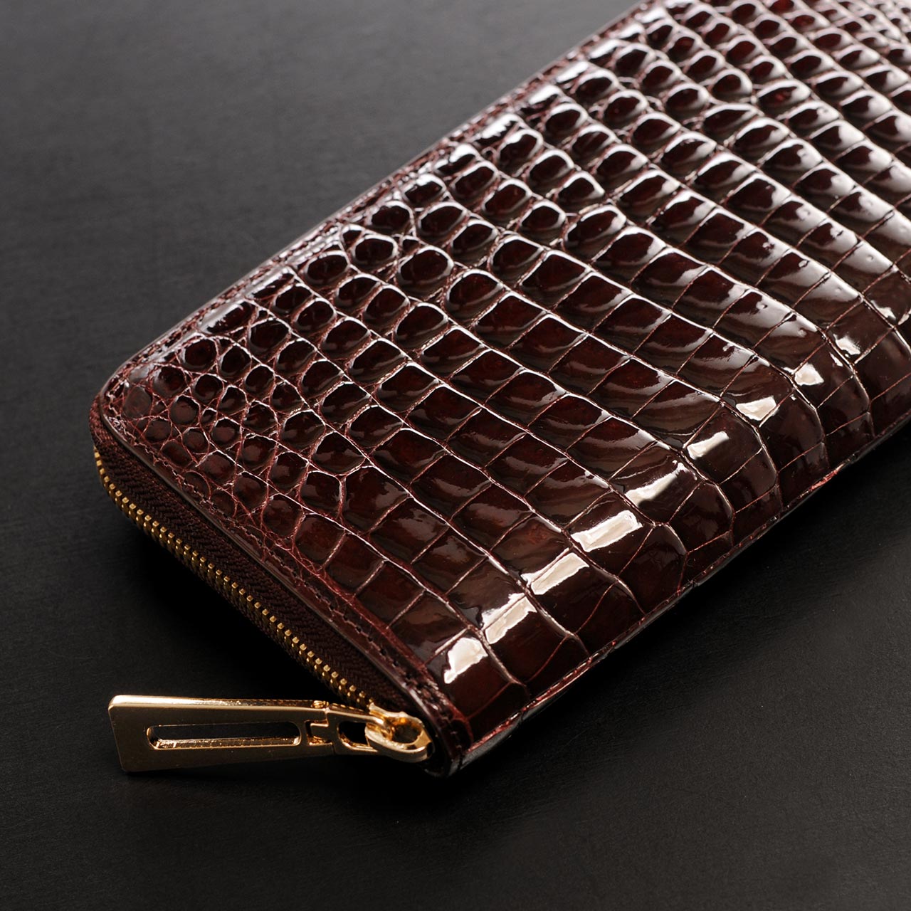 クロコダイル 長財布 メンズ シャイニング加工 ラウンドファスナー