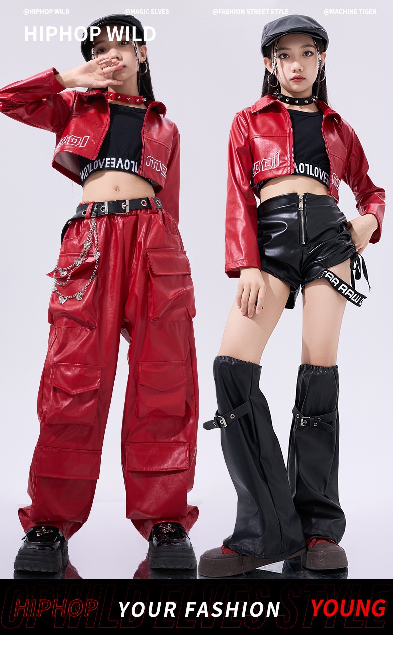 ダンス衣装 ガールズ 衣装 赤 黒 レザー K-POP 韓国 セットアップ へそ