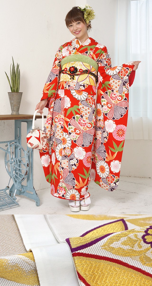 振袖 セット 未仕立て 仮絵羽 赤 レッド 菊 梅 竹笹 花 正絹 西陣織