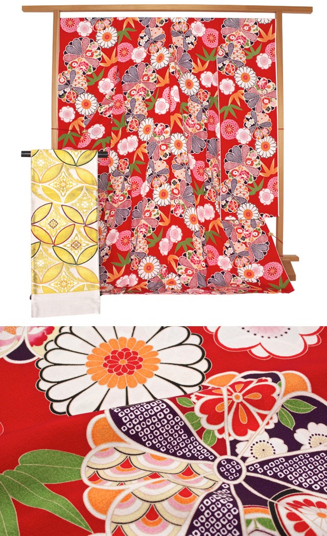 振袖 セット 未仕立て 仮絵羽 赤 レッド 菊 梅 竹笹 花 正絹 西陣織