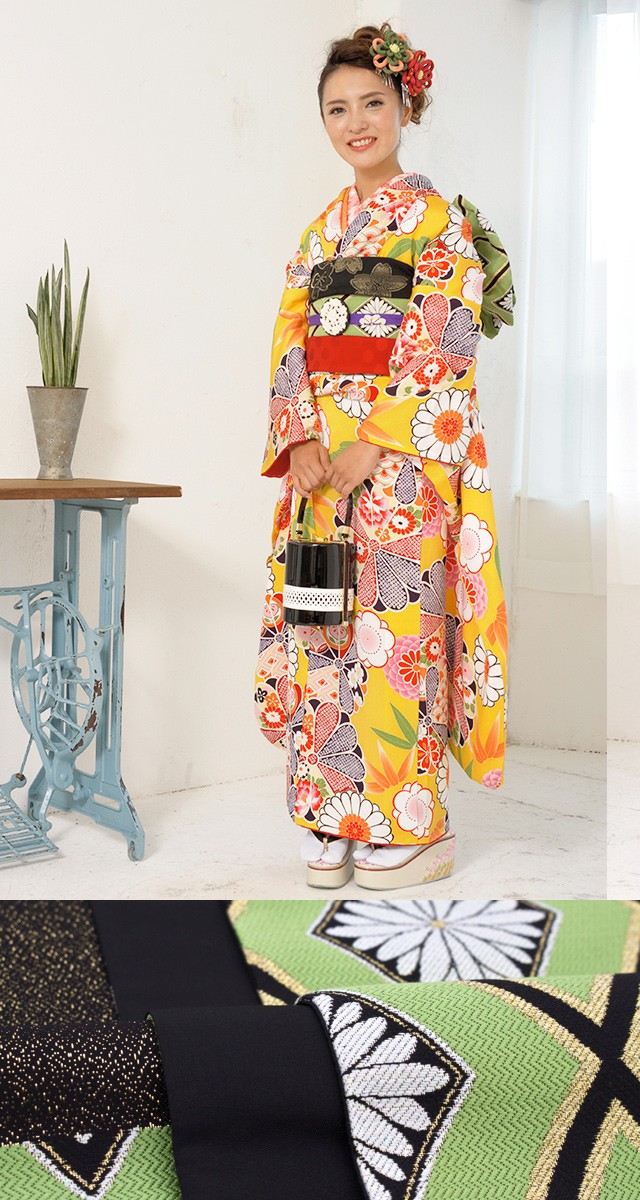振袖 セット 未仕立て 仮絵羽 黄 イエロー 菊 梅 竹笹 花 正絹 西陣織