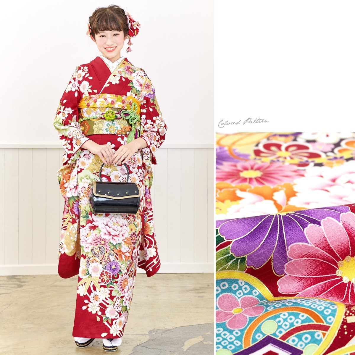 振袖セット 赤系 波 雲取り 桜 牡丹 菊 花 絵羽柄 絹 西陣織 パール