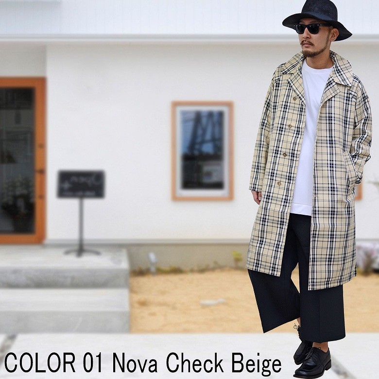 閉店セール】チェック柄ステンカラーコート メンズコート ロング丈 膝