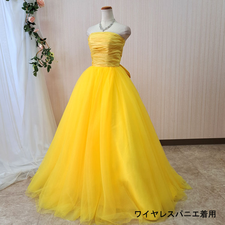 カラードレス 赤 黄色 演奏会ドレス リボン 付け袖付き 結婚式 披露宴