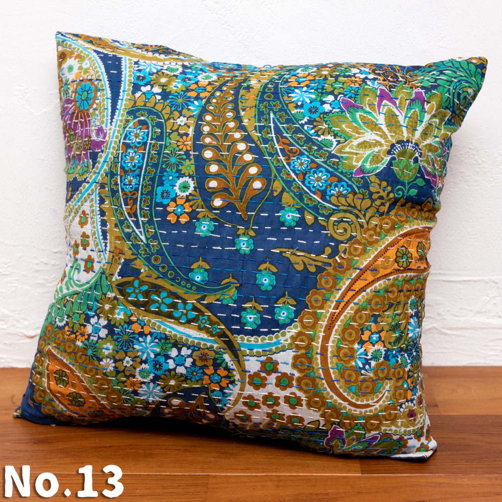 クッションカバー コットン，刺繍 カンタ ウッドブロック : インド