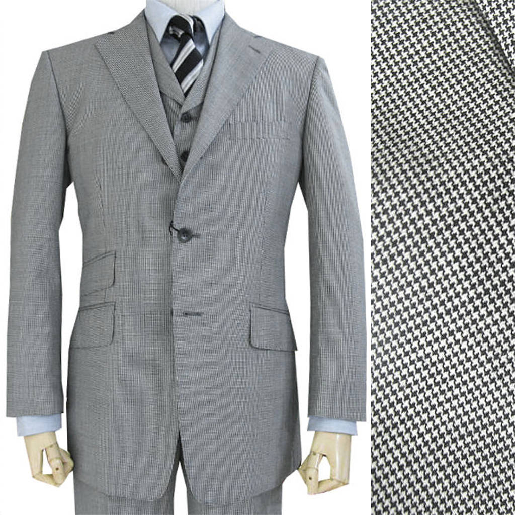 春夏秋 3ピーススーツ メンズ 白黒千鳥格子柄 段返り三つボタン 英国調