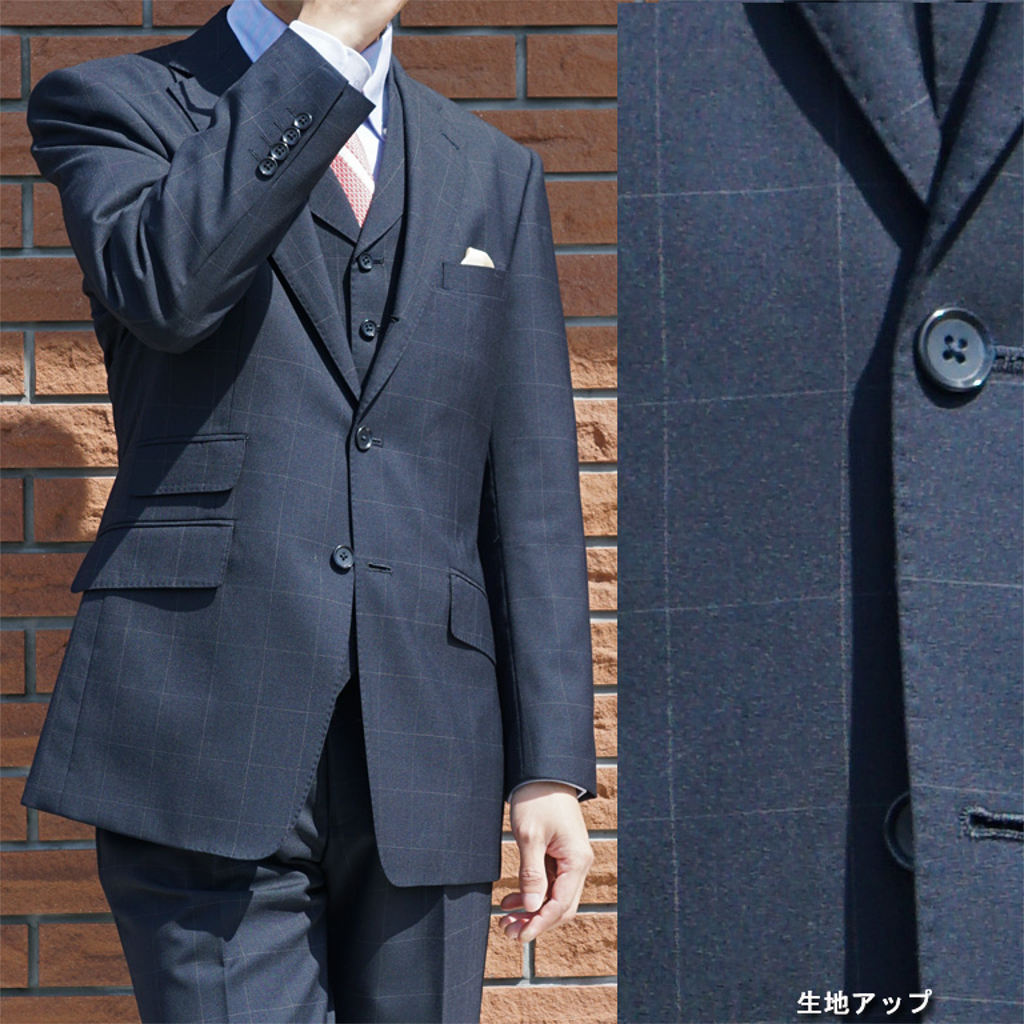 3ピーススーツ メンズ 春夏秋 ウインドペンチェック 紺 ネイビー AB4