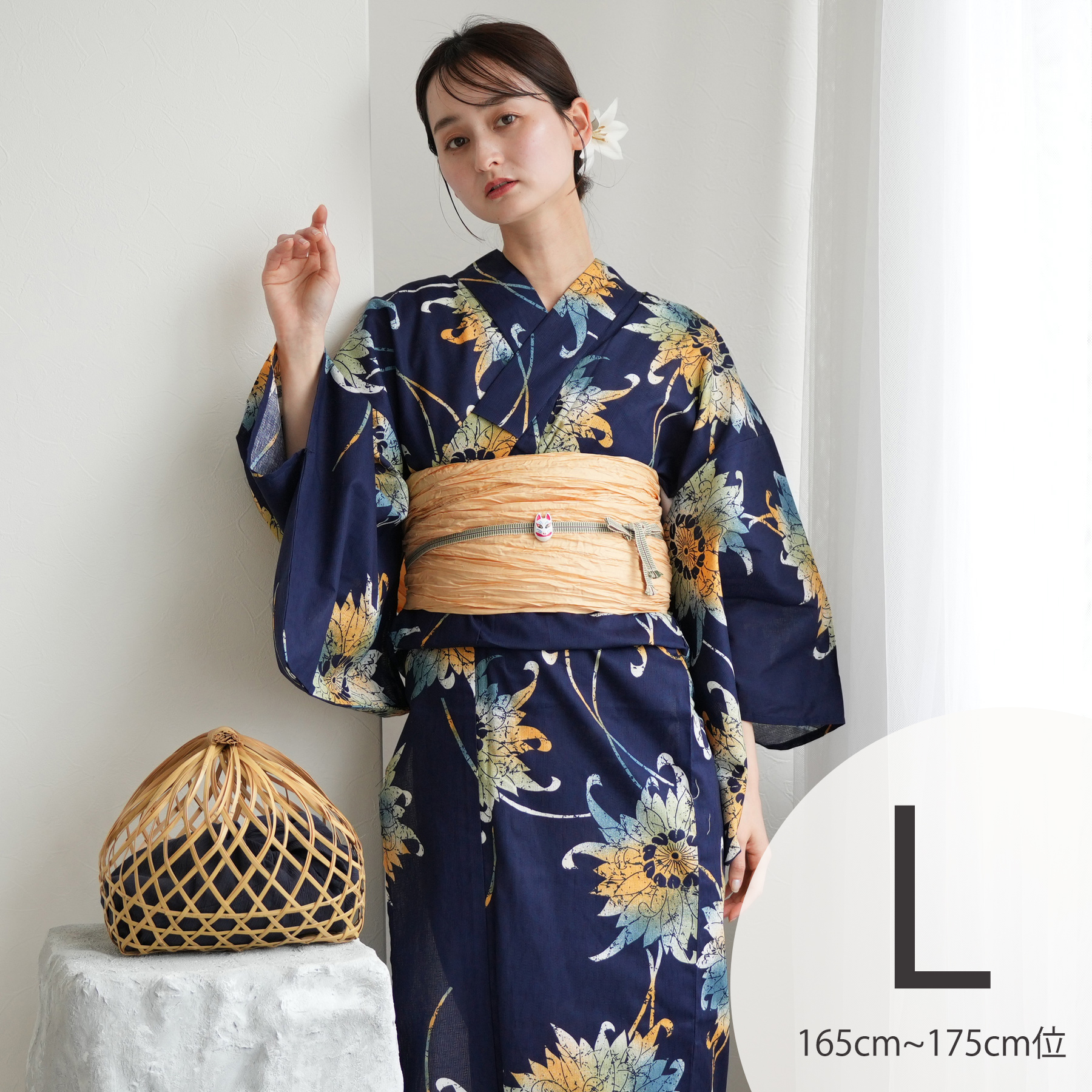 lalala】【夢工房】浴衣・帯セット 紺色 撫子柄 下駄付き lalala】【夢