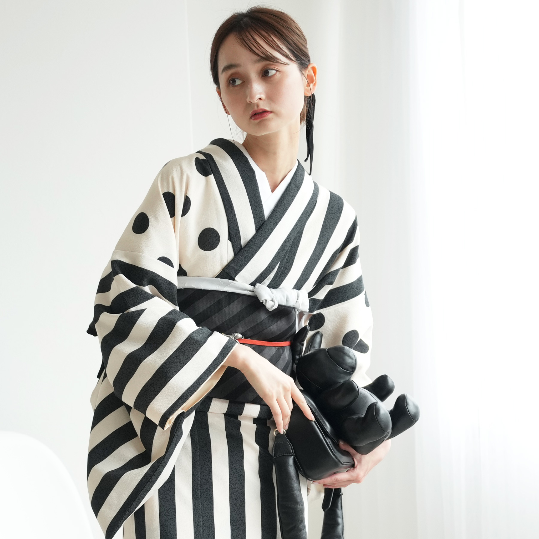 utatane 着物 ポリエステル 単品 レトロ モダン モード ストライプ 紺