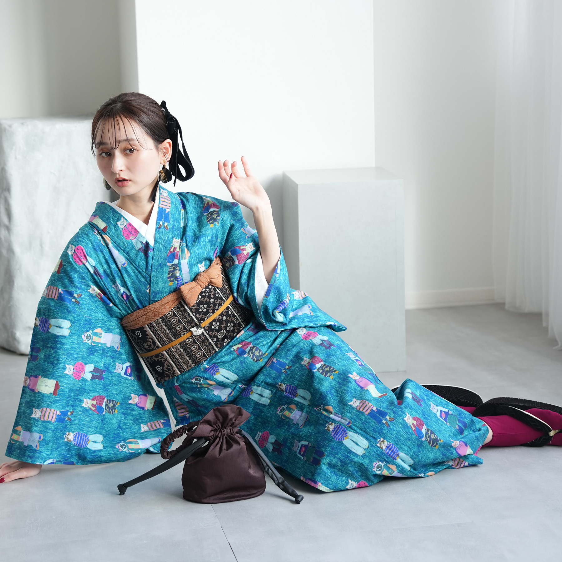 着物 単衣 レディース 洗える着物 ひとえ 単品 ニコアンティーク cat