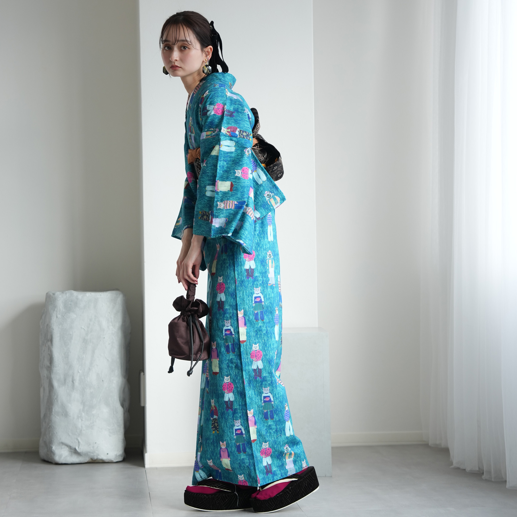 着物 単衣 レディース 洗える着物 ひとえ 単品 ニコアンティーク cat