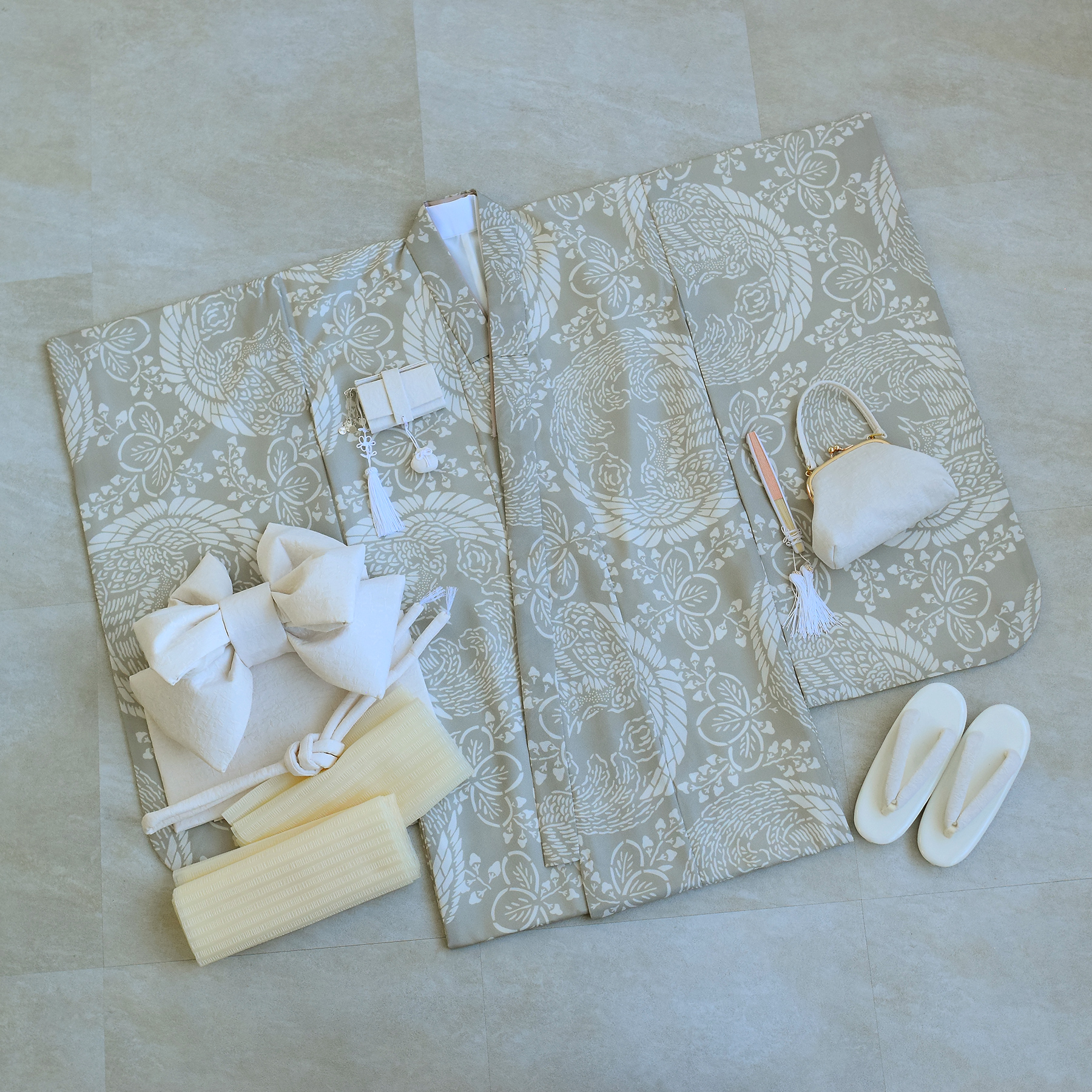 七五三 着物 7歳 フルセット 購入 ひよこ商店 女の子 四つ身 灰緑鳳凰