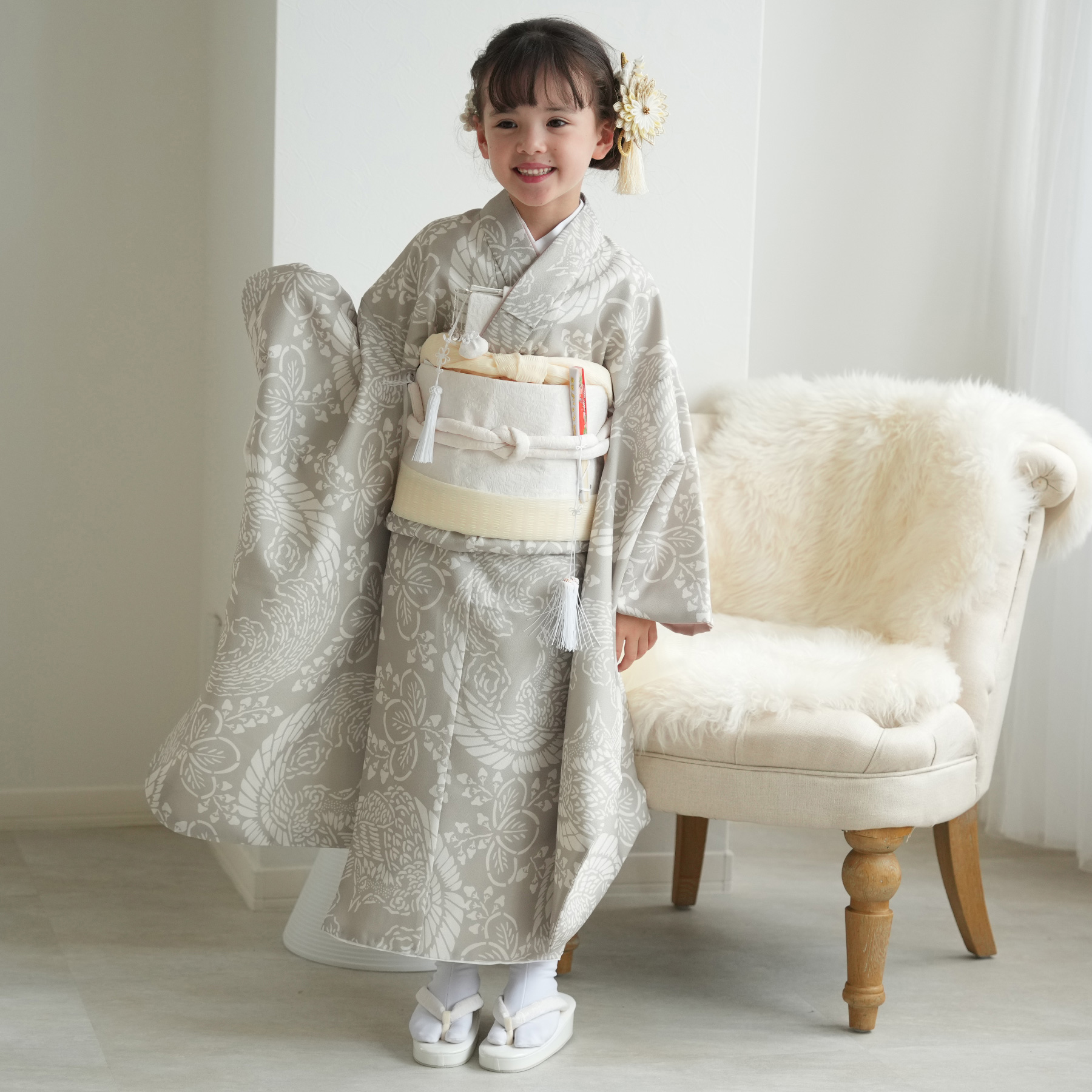 七五三 着物 7歳 フルセット 購入 ひよこ商店 女の子 四つ身 灰緑鳳凰