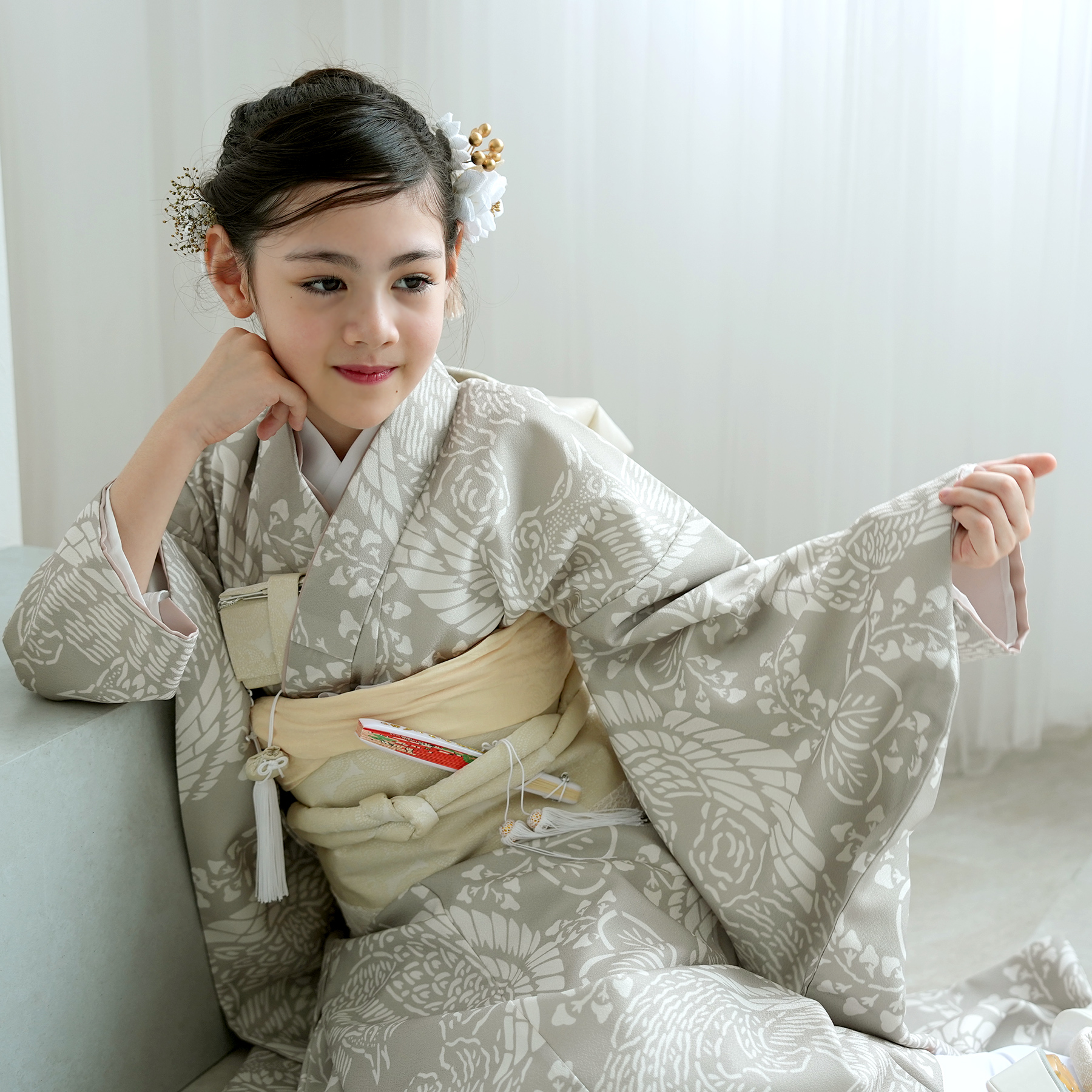 七五三 着物 7歳 女の子 ひよこ商店 四つ身 灰緑鳳凰 振袖セット 着物