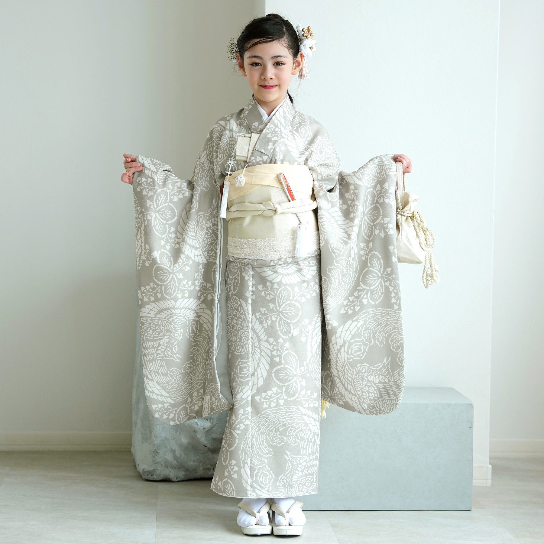 七五三 着物 7歳 女の子 ひよこ商店 四つ身 灰緑鳳凰 振袖セット 着物