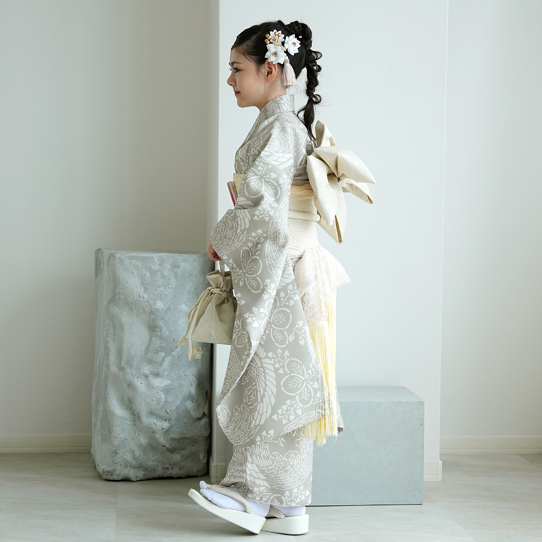 七五三 着物 7歳 女の子 ひよこ商店 四つ身 灰緑鳳凰 振袖セット 着物