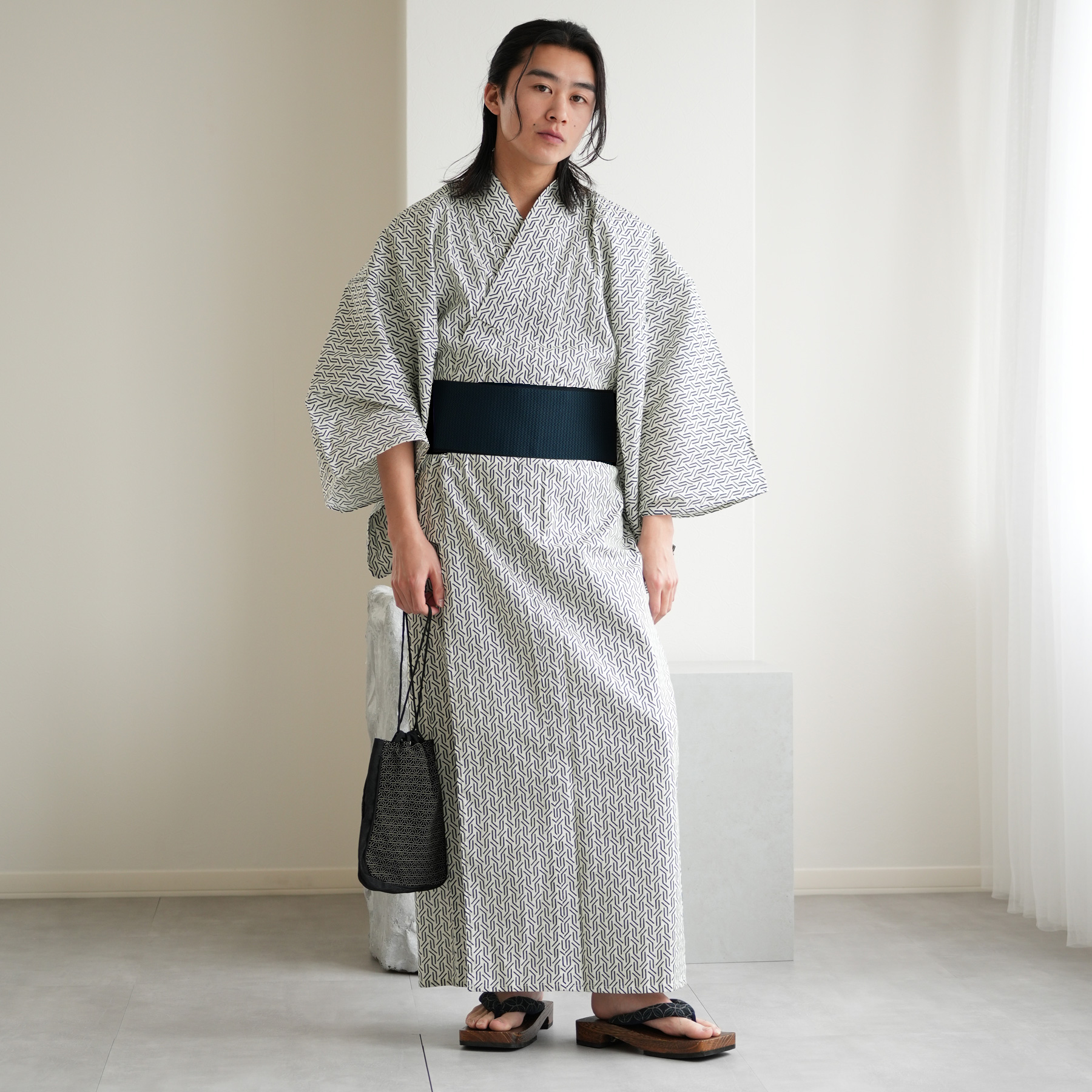 浴衣 メンズ セット 高級変わり織 浴衣3点セット 白黒の幾何学 男 紳士