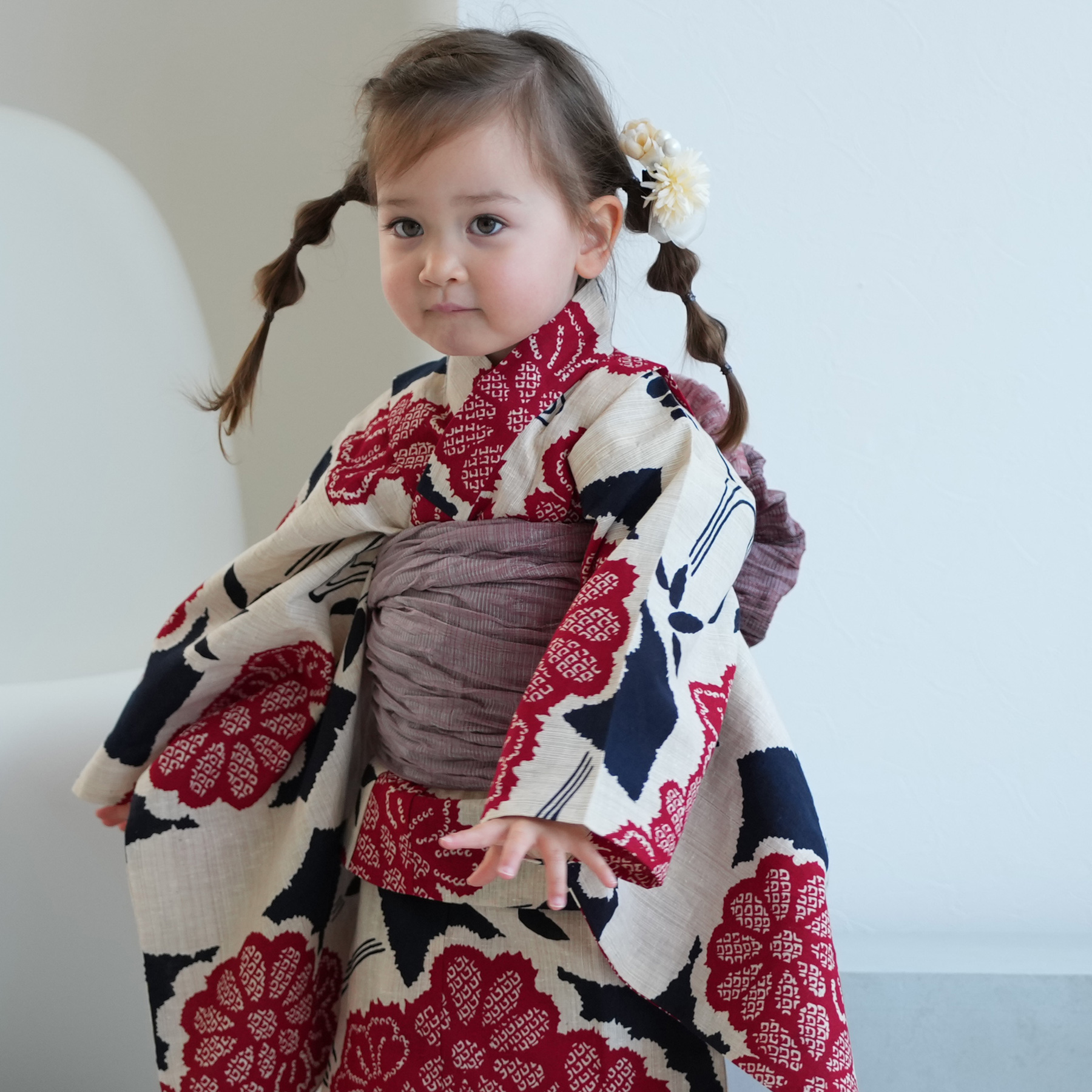 utatane 浴衣 子供 女の子 3点セット（浴衣/帯/下駄）花 菊 ピンク 赤