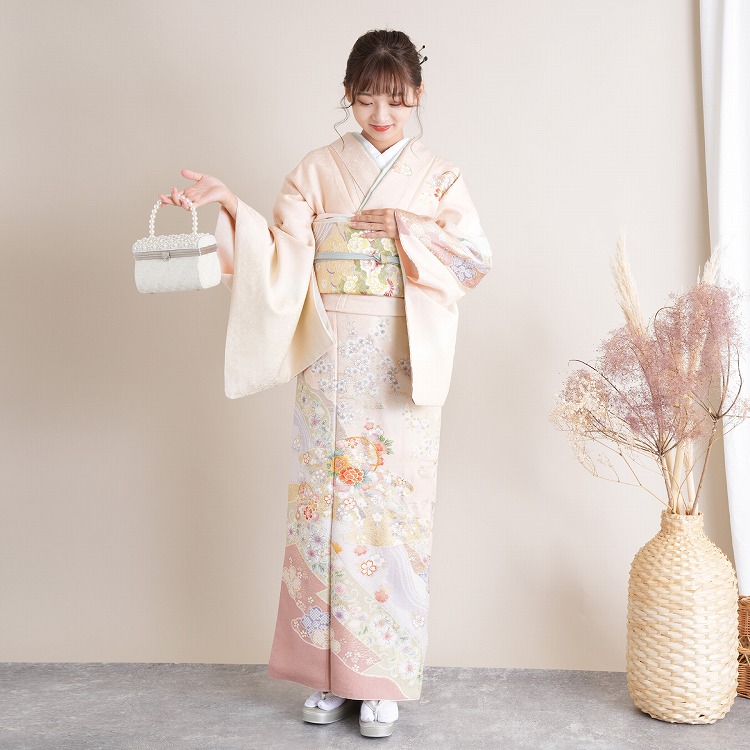 訪問着 レンタル おしゃれ 20点 フルセット 正絹 着物 花柄 オレンジ系