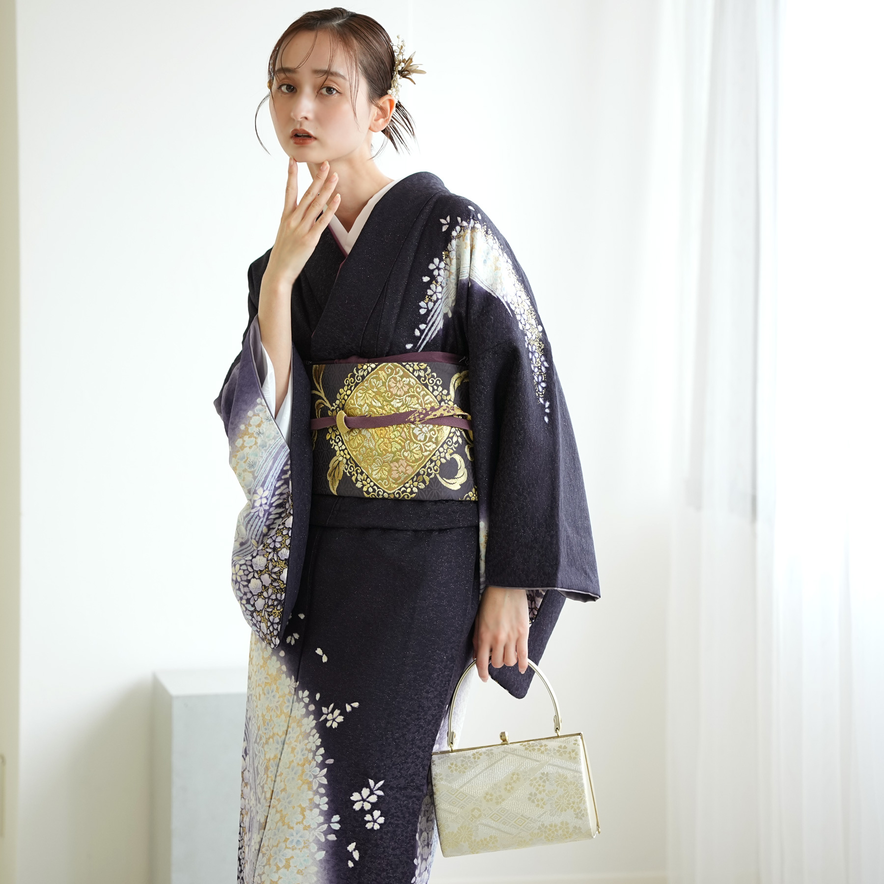 訪問着 レンタル おしゃれ 20点 フルセット 正絹 着物 母 花柄 黒系 紫