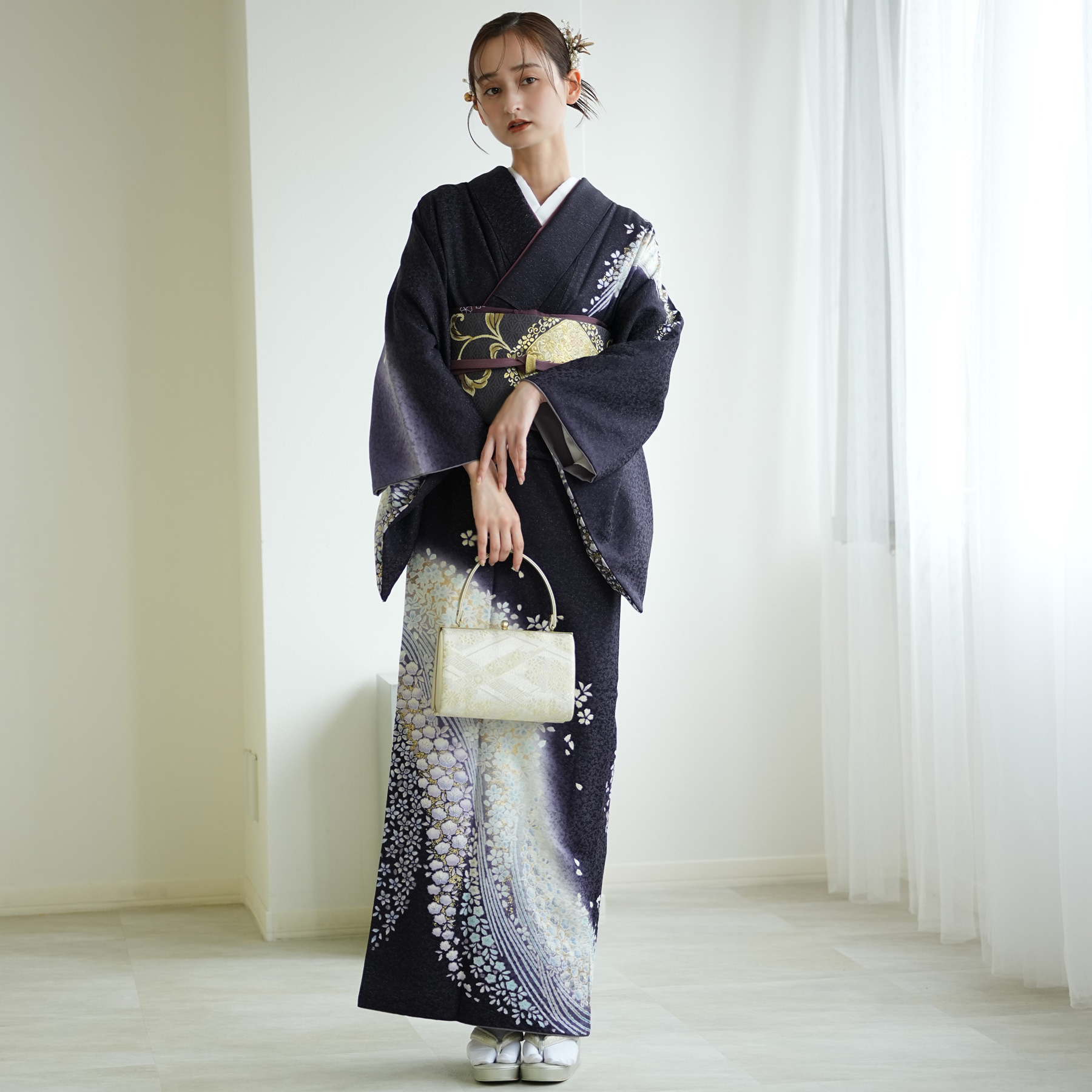 訪問着 レンタル おしゃれ 20点 フルセット 正絹 着物 母 花柄 黒系 紫