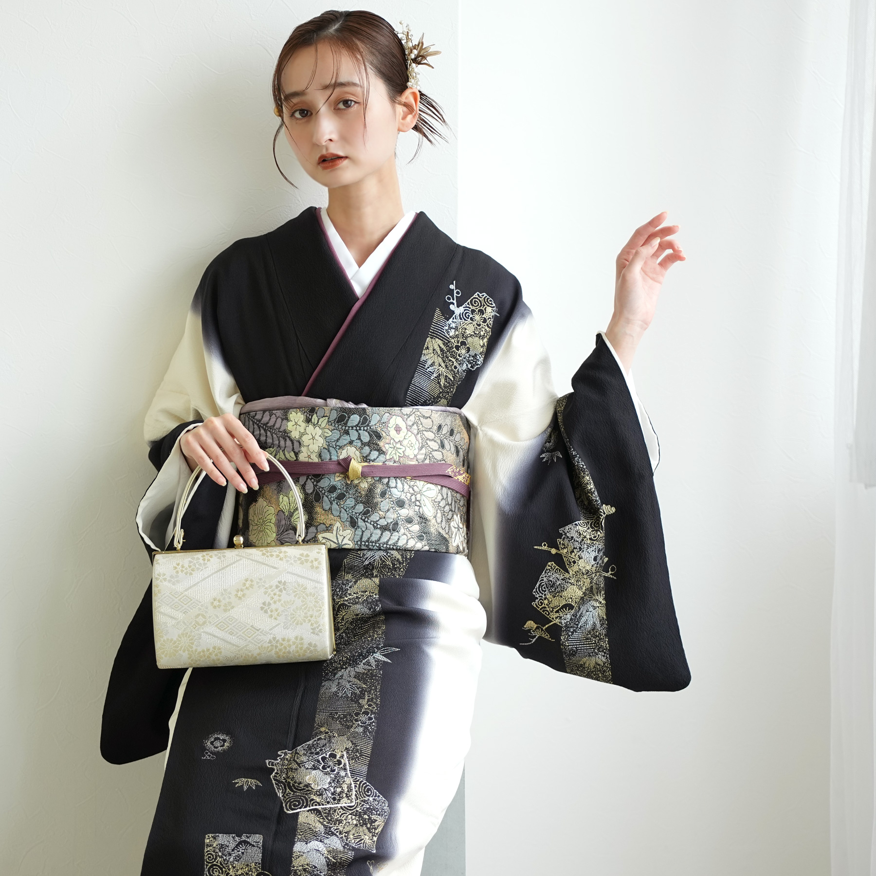 訪問着 レンタル おしゃれ 20点 フルセット 正絹 着物 花柄 黒系