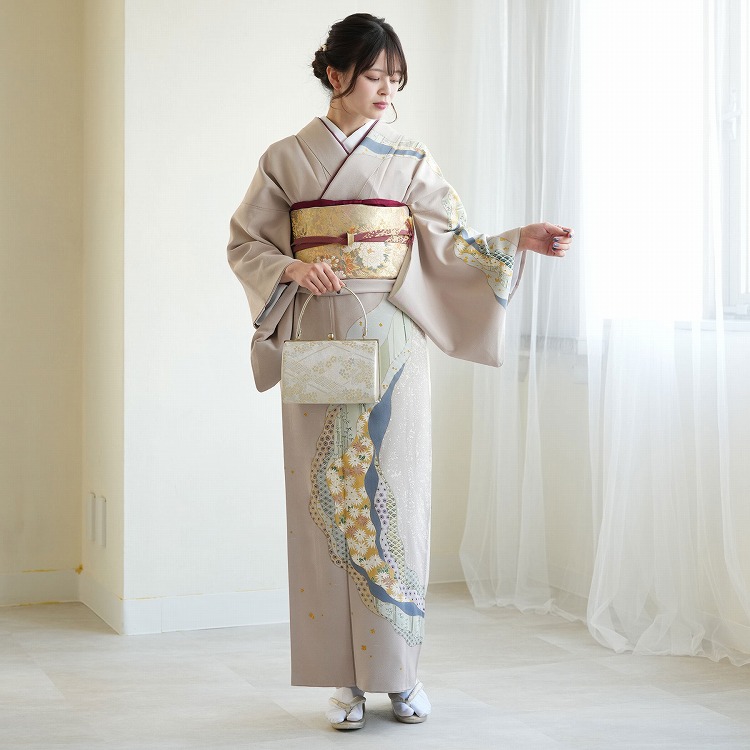 訪問着 レンタル おしゃれ 20点 フルセット 正絹 着物 菊 グレー系