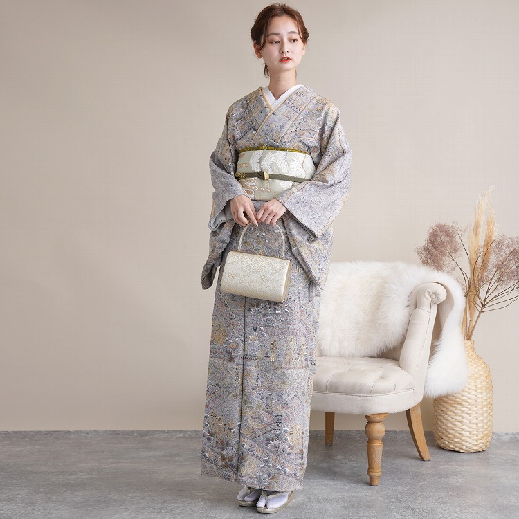 訪問着 レンタル おしゃれ 20点 フルセット 正絹 着物 花 グレー系