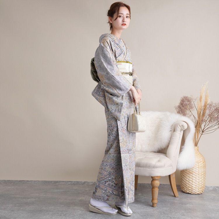 訪問着 レンタル おしゃれ 20点 フルセット 正絹 着物 花 グレー系