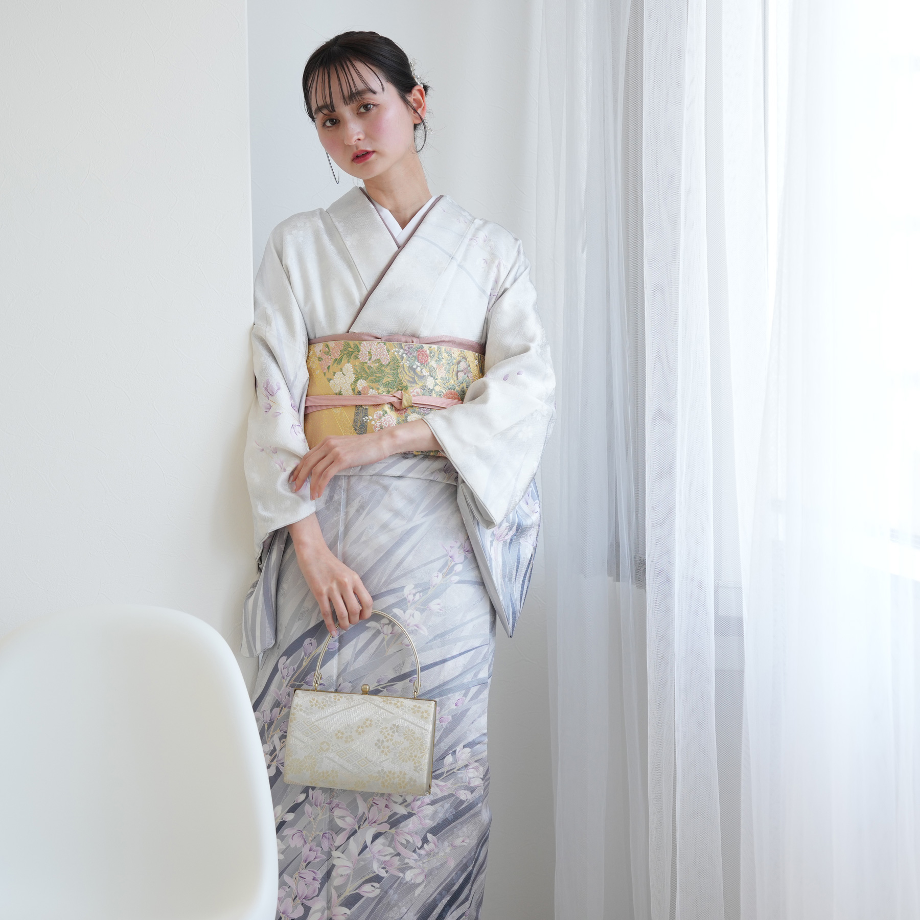 訪問着 レンタル おしゃれ 20点 フルセット 正絹 着物 花 グレー系