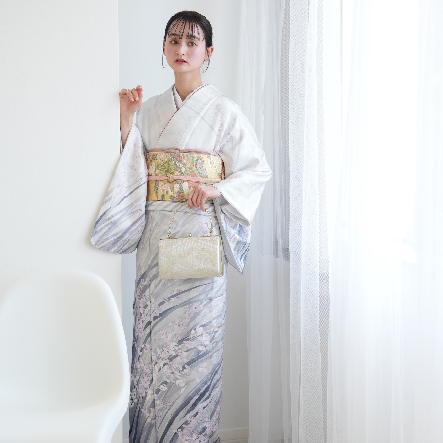 訪問着 レンタル おしゃれ 20点 フルセット 正絹 着物 花 グレー系