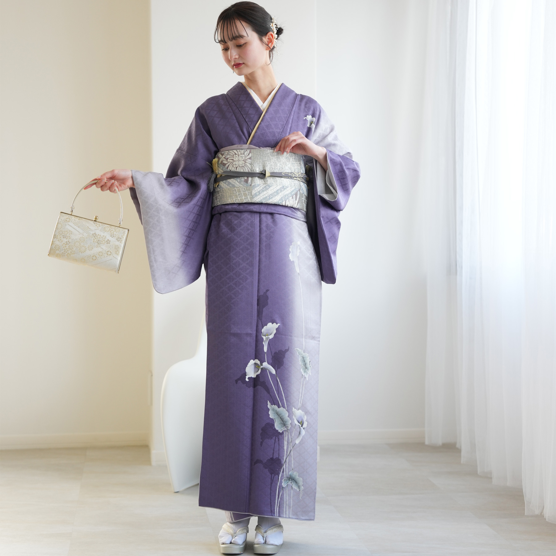 訪問着 レンタル おしゃれ 20点 フルセット 正絹 着物 花 紫系 七五三