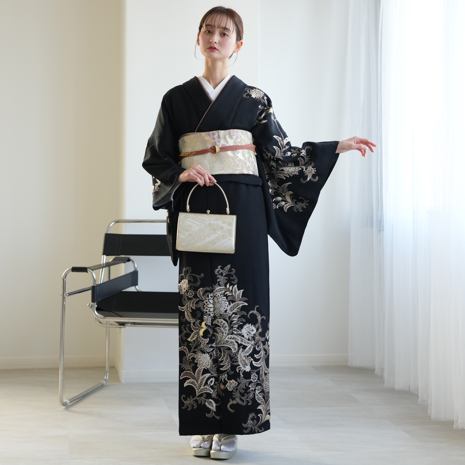 訪問着 レンタル おしゃれ 20点 フルセット 正絹 着物 花 黒系 七五三