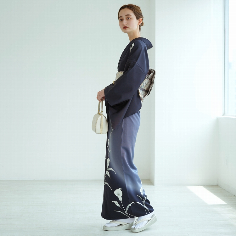 訪問着 レンタル おしゃれ 20点 フルセット 古典柄 正絹 着物 花 紺