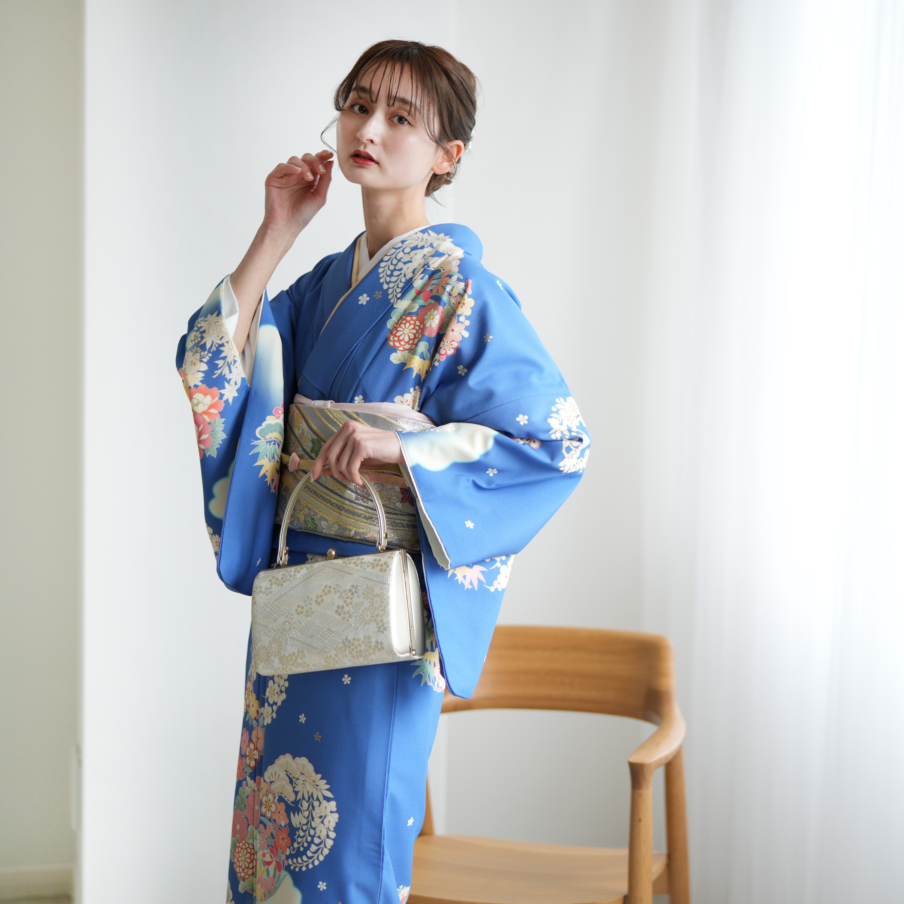 訪問着 レンタル おしゃれ 20点セット JAPAN STYLE 着物 花 青系 卒業