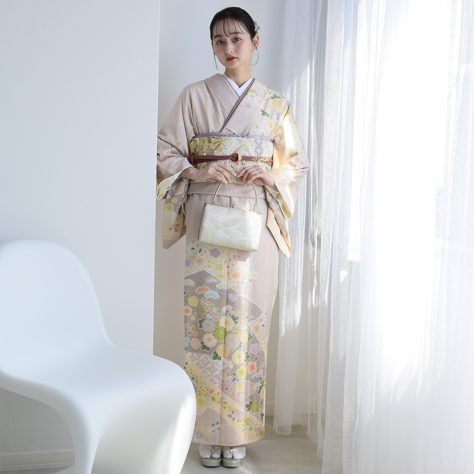 訪問着 レンタル おしゃれ 20点セット JAPAN STYLE 着物 花 ベージュ系