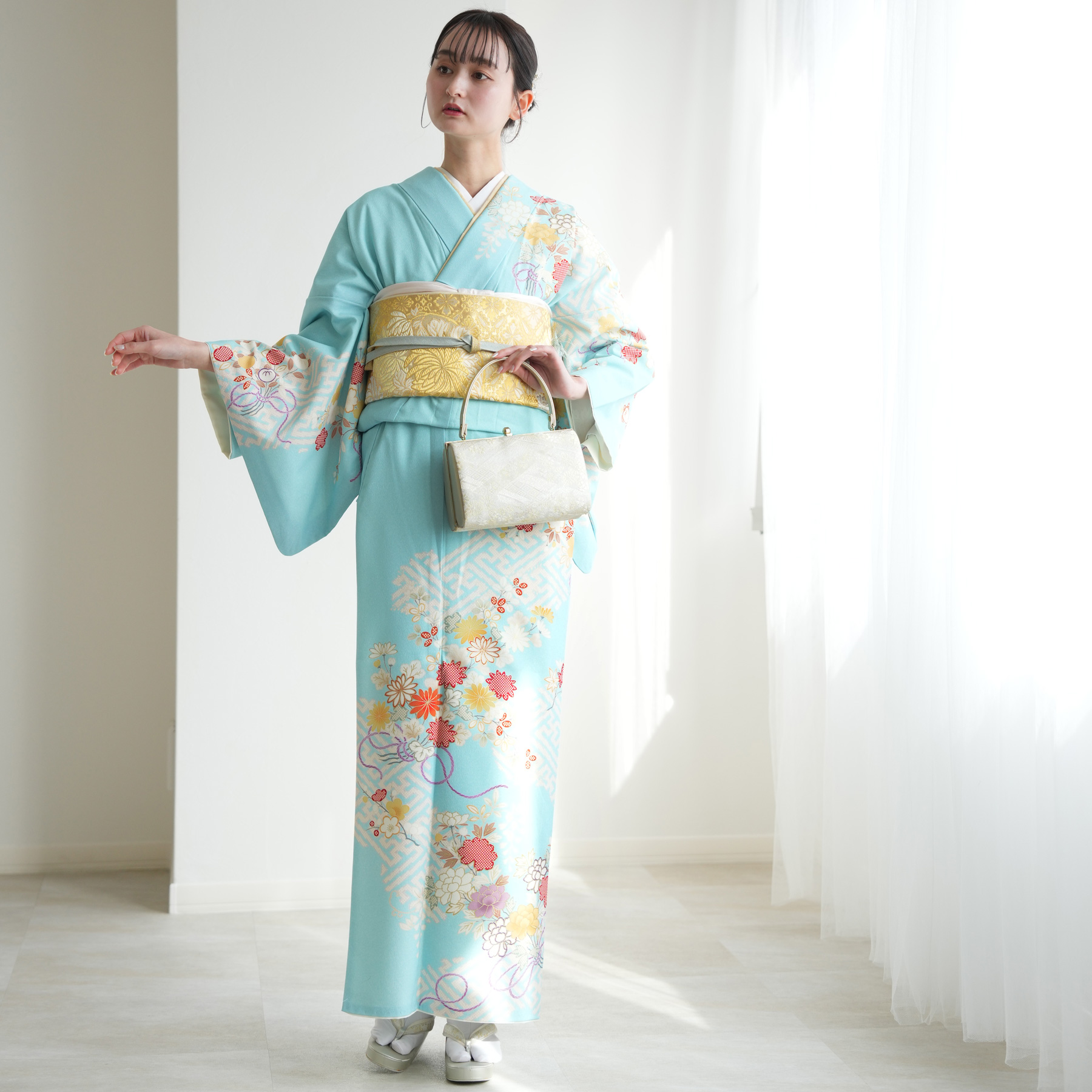 訪問着 レンタル おしゃれ 20点セット JAPAN STYLE 着物 花 水色系