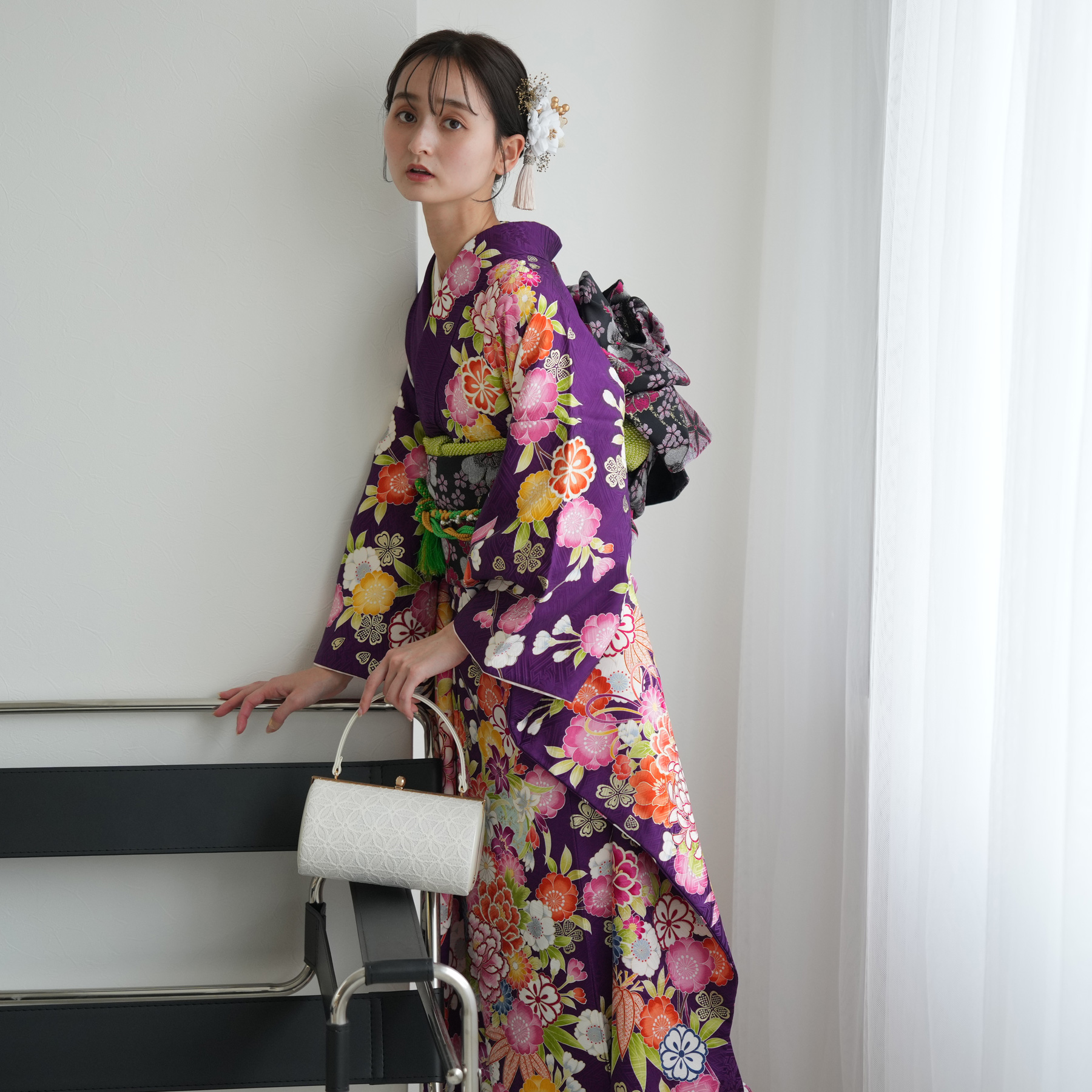 振袖 レンタル 成人式 21点セット レトロ 成人式セット 花 紫系 正絹