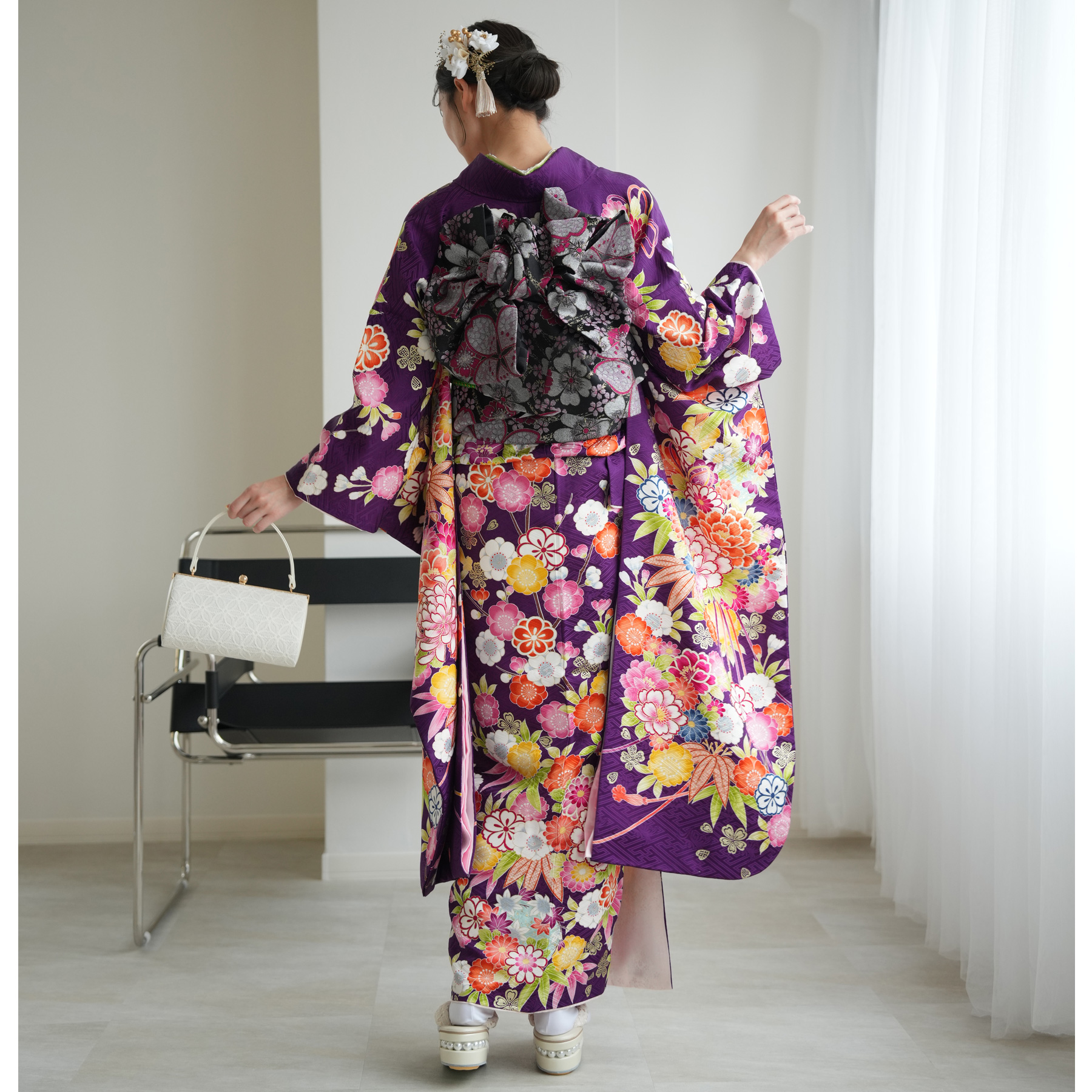 振袖 レンタル 成人式 21点セット レトロ 成人式セット 花 紫系 正絹