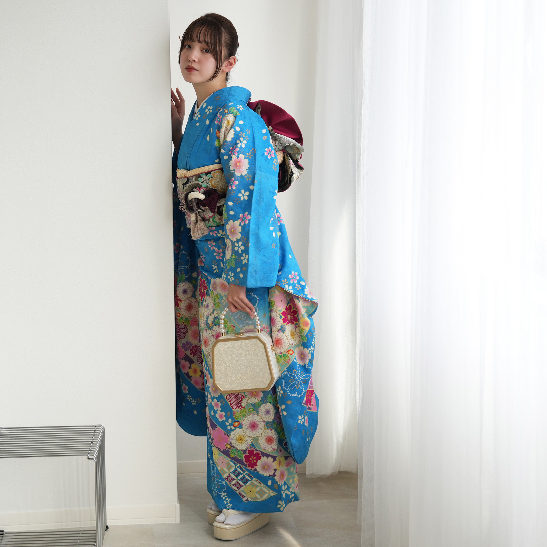 振袖 レンタル 成人式 21点セット レトロ 成人式セット 花 水色系 正絹