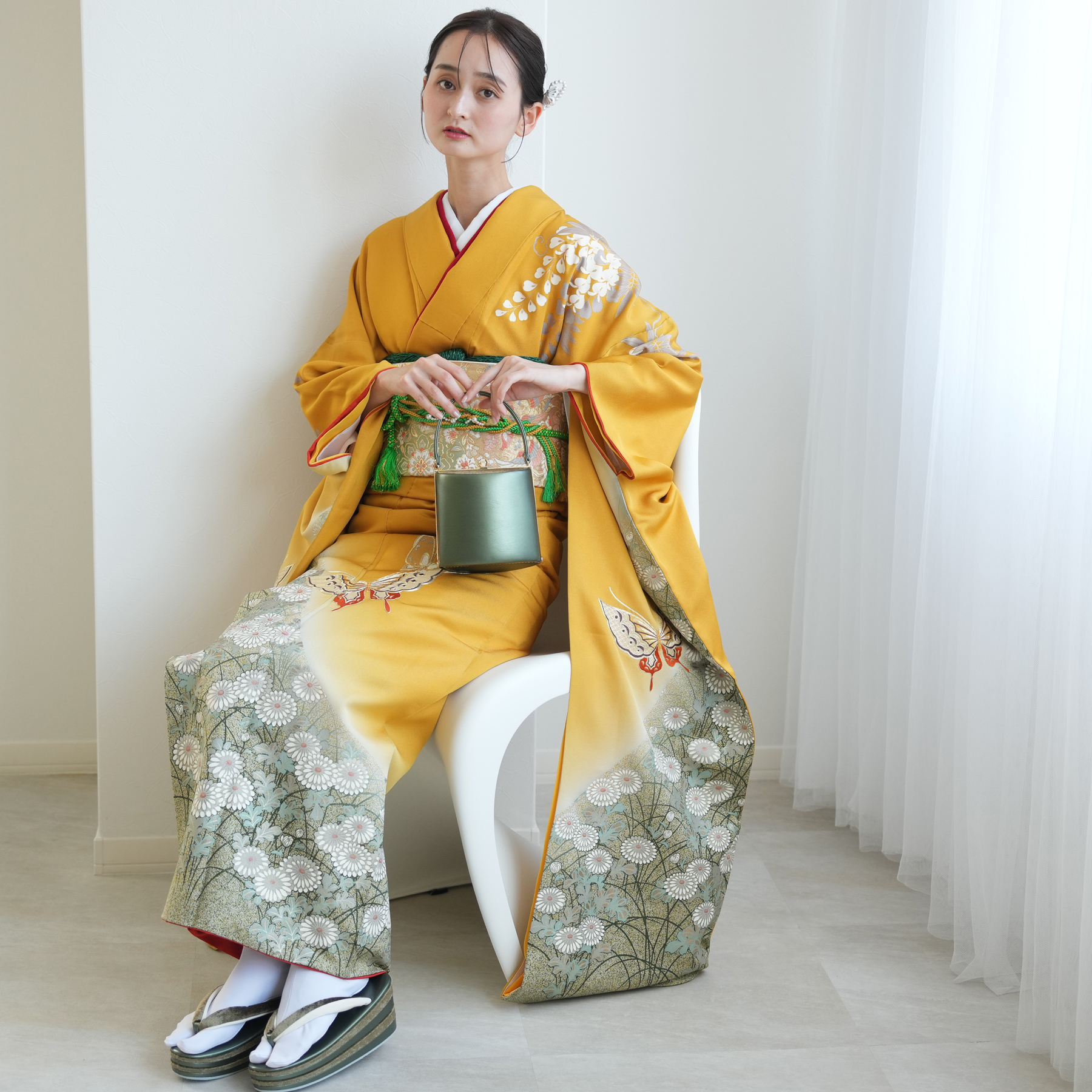 振袖 レンタル 成人式 21点セット レトロ 振袖セット 花 黄系 からし