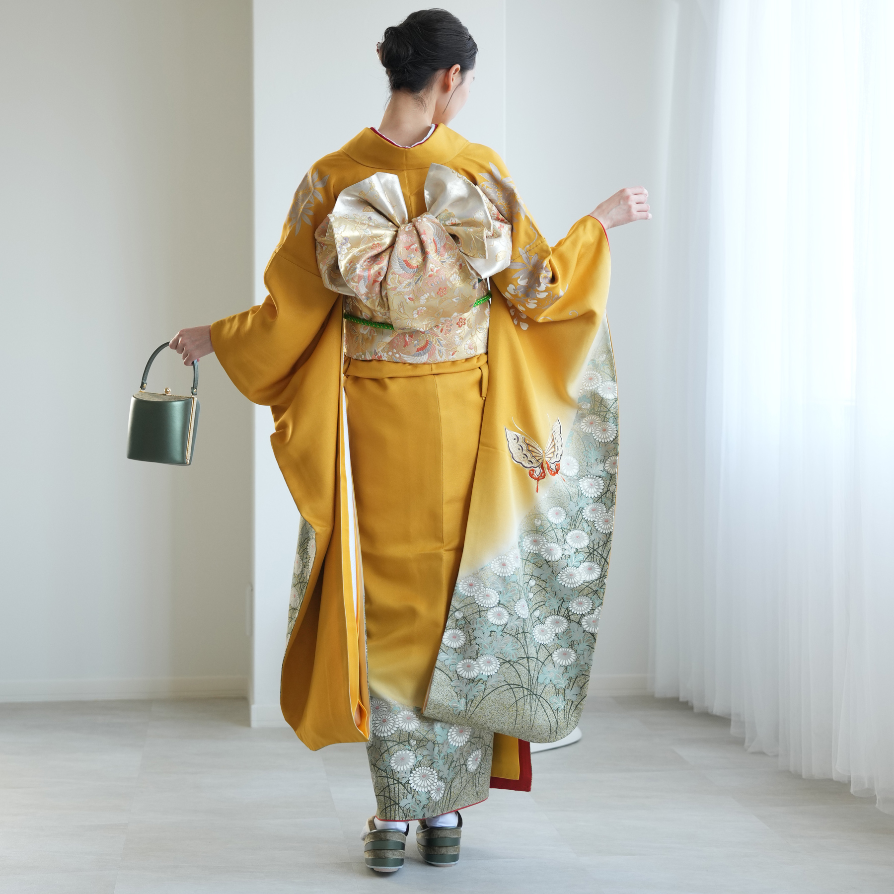 振袖 レンタル 成人式 21点セット レトロ 振袖セット 花 黄系 からし