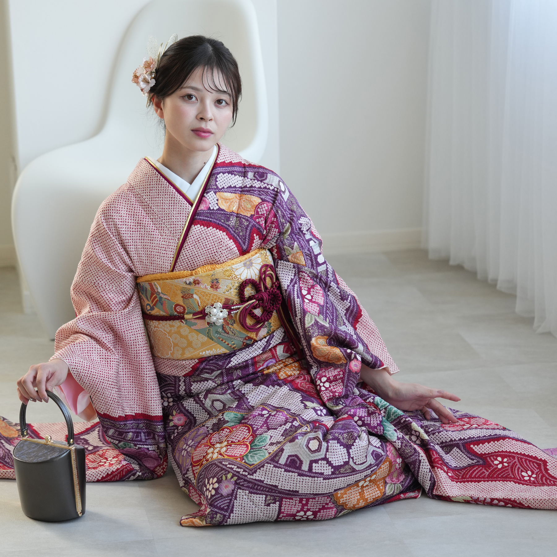 振袖 レンタル 成人式 21点セット レトロ 振袖セット 花 紫 赤 正絹