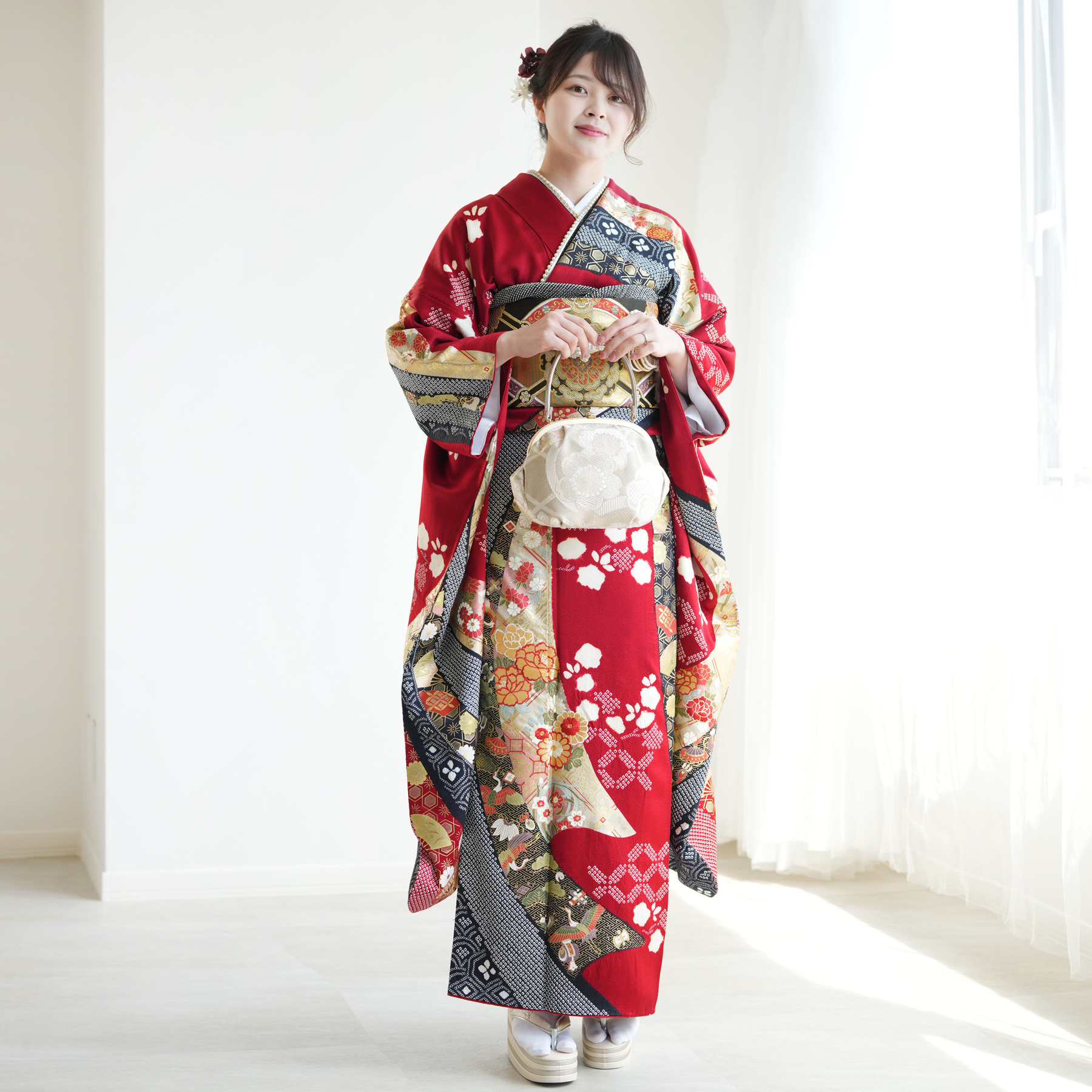 振袖 レンタル 成人式 21点セット レトロ 振袖セット 花 紫 赤 正絹